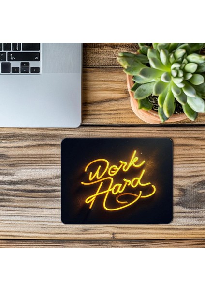Work Hard Yazılı Koyu Zeminli Neon Mousepad - 19X23 cm 2 mm Dikdörtgen Ithal Baskılı Mouse Pad modelleri
