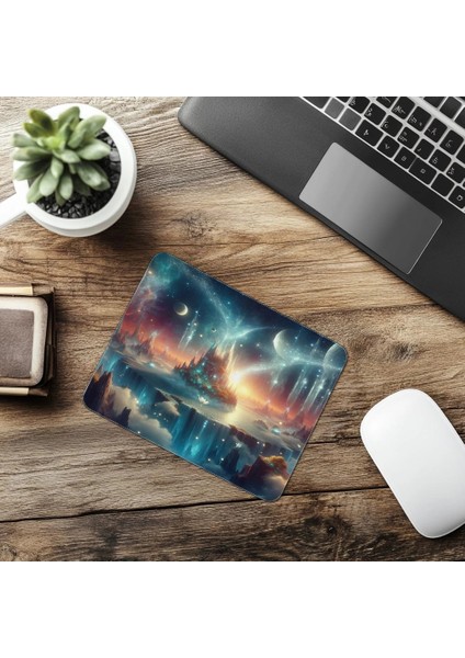 Uzayda Adalar Üzerinde Şelaleli Mousepad - 19X23 cm 2 mm Dikdörtgen Ithal Baskılı Mouse Pad