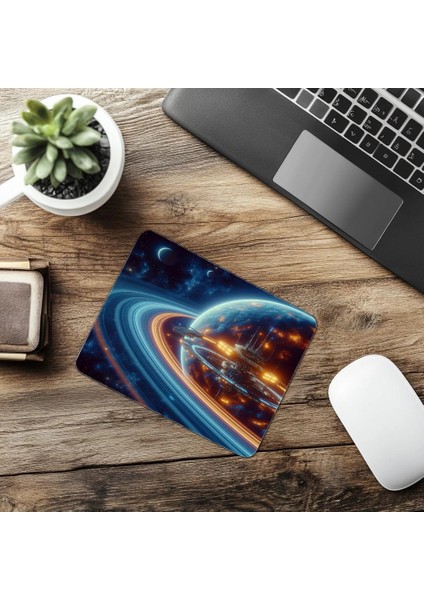 Turuncu-Mavi Işıklı Gezegen Manzaralı Mousepad - 19X23 cm 2 mm Dikdörtgen Ithal Baskılı Mouse Pad