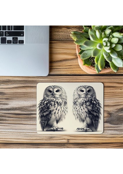 3D Kalemle Çizilmiş Tüylü Baykuş Mouse Pad - 19X23 cm 2 mm Dikdörtgen Ithal Baskılı Mouse Pad modelleri