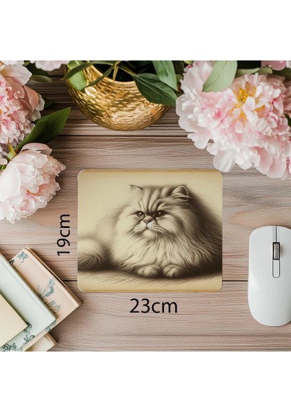Sepya Tonlu Yatar Pozdaki Kedi Çizimi - 19X23 cm 2 mm Dikdörtgen Ithal Baskılı Mouse Pad