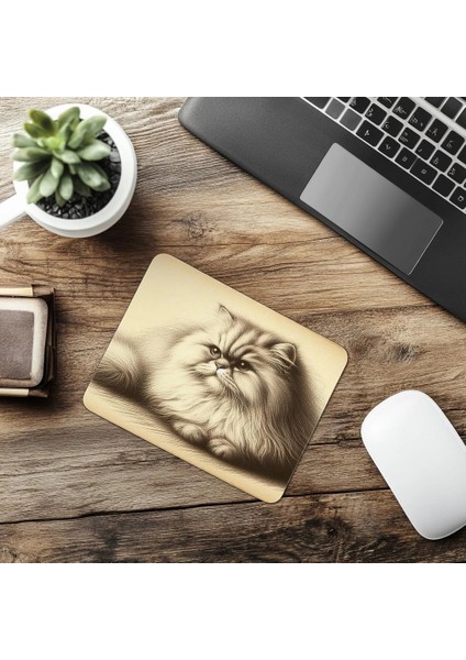 Sepya Tonlu Yatar Pozdaki Kedi Çizimi - 19X23 cm 2 mm Dikdörtgen Ithal Baskılı Mouse Pad