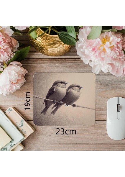 Yan Yana Oturan Iki Serçe Çizimli Mousepad - 19X23 cm 2 mm Dikdörtgen Ithal Baskılı Mouse Pad