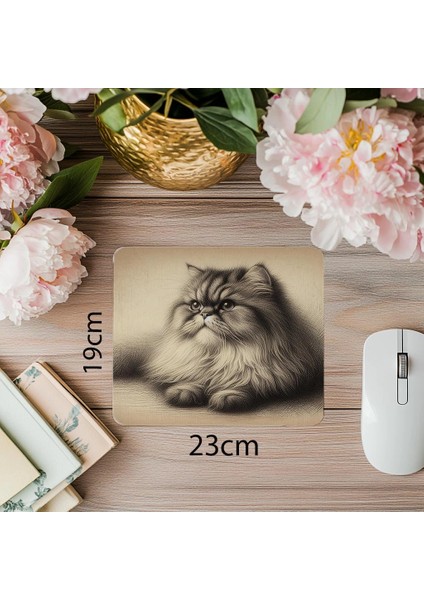 Persian Cat Temalı Karakalem Mouse Pad - 19X23 cm 2 mm Dikdörtgen Ithal Baskılı Mouse Pad