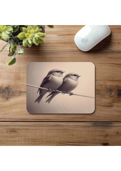Yan Yana Oturan Iki Serçe Çizimli Mousepad - 19X23 cm 2 mm Dikdörtgen Ithal Baskılı Mouse Pad fırsatları