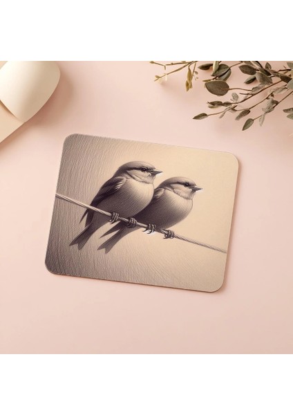 Yan Yana Oturan Iki Serçe Çizimli Mousepad - 19X23 cm 2 mm Dikdörtgen Ithal Baskılı Mouse Pad indirimleri