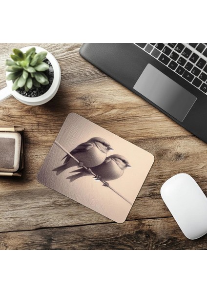 Yan Yana Oturan Iki Serçe Çizimli Mousepad - 19X23 cm 2 mm Dikdörtgen Ithal Baskılı Mouse Pad