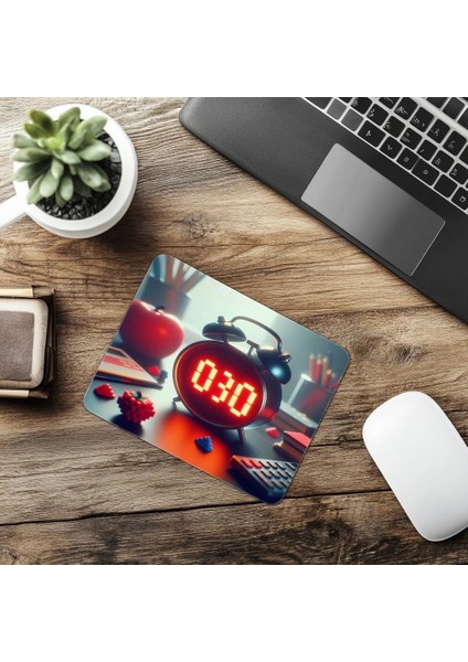 Pixel Obje Detaylı Saat Tasarımı Mousepad - 19X23 cm 2 mm Dikdörtgen Ithal Baskılı Mouse Pad