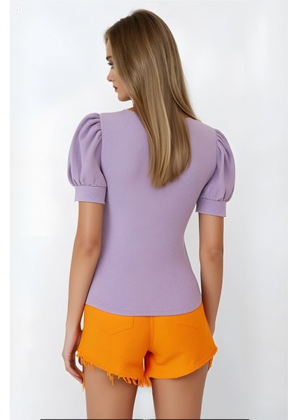 Kadın Lila Kare Yaka Örme Bluz HZL22W-BD104091 modelleri