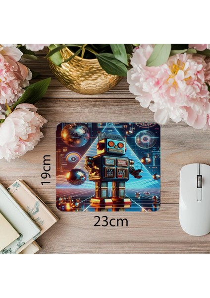 80’ler Stil Metalik Robot Mousepad Tasarımı - 19X23 cm 2 mm Dikdörtgen Ithal Baskılı Mouse Pad