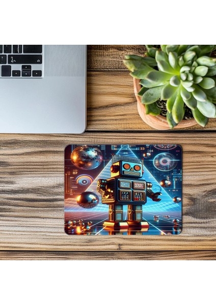 80’ler Stil Metalik Robot Mousepad Tasarımı - 19X23 cm 2 mm Dikdörtgen Ithal Baskılı Mouse Pad modelleri