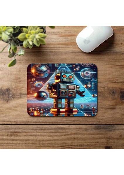 80’ler Stil Metalik Robot Mousepad Tasarımı - 19X23 cm 2 mm Dikdörtgen Ithal Baskılı Mouse Pad fırsatları