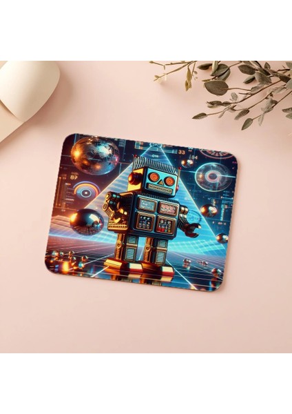 80’ler Stil Metalik Robot Mousepad Tasarımı - 19X23 cm 2 mm Dikdörtgen Ithal Baskılı Mouse Pad indirimleri