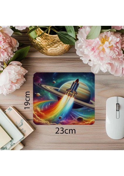 Satürn Yörüngesinde Renkli Roket Mousepad - 19X23 cm 2 mm Dikdörtgen Ithal Baskılı Mouse Pad