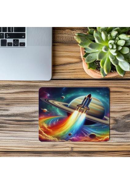 Satürn Yörüngesinde Renkli Roket Mousepad - 19X23 cm 2 mm Dikdörtgen Ithal Baskılı Mouse Pad modelleri