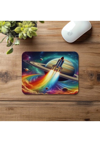Satürn Yörüngesinde Renkli Roket Mousepad - 19X23 cm 2 mm Dikdörtgen Ithal Baskılı Mouse Pad fırsatları