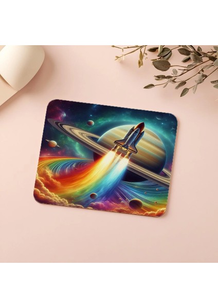 Satürn Yörüngesinde Renkli Roket Mousepad - 19X23 cm 2 mm Dikdörtgen Ithal Baskılı Mouse Pad indirimleri