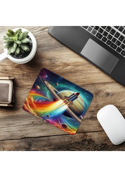 Satürn Yörüngesinde Renkli Roket Mousepad - 19X23 cm 2 mm Dikdörtgen Ithal Baskılı Mouse Pad