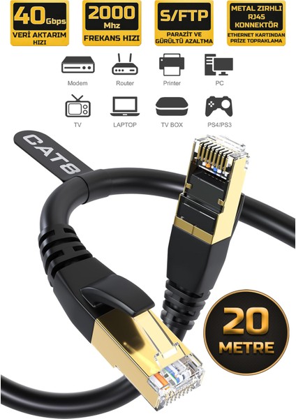 Cat 8 Ethernet Kablosu 40 Gigabit/S 2000 Mhz Premium Metal Zırhlı Rj45 Konnektör