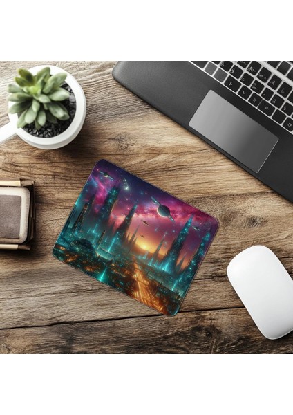 Nebula Arka Planlı Fütüristik Şehir Mouse Pad - 19X23 cm 2 mm Dikdörtgen Ithal Baskılı Mouse Pad