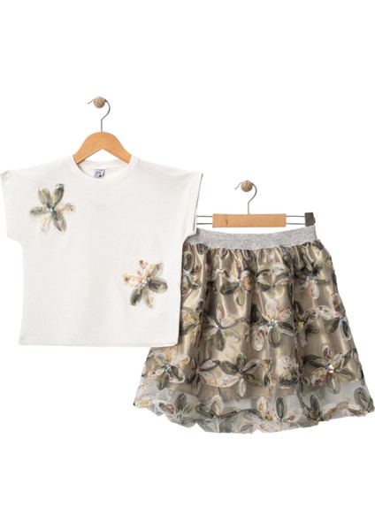 Çiçekli Tshırt Etek Takım Yeşil