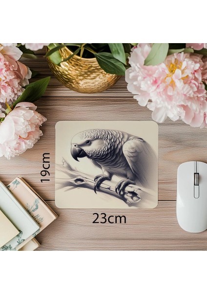 Dalda Oturan Papağan Mousepad – Kalemle Çizilmiş - 19X23 cm 2 mm Dikdörtgen Ithal Baskılı Mouse Pad