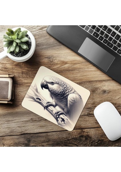 Dalda Oturan Papağan Mousepad – Kalemle Çizilmiş - 19X23 cm 2 mm Dikdörtgen Ithal Baskılı Mouse Pad