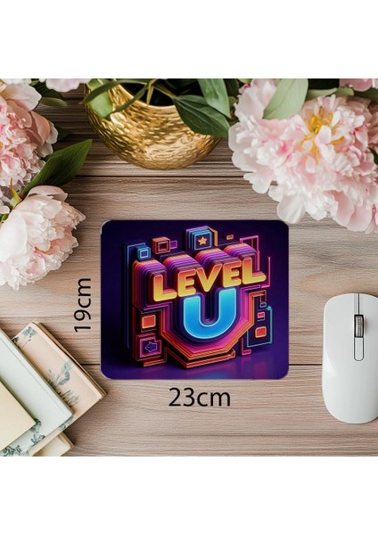 Oyun Enerjili Level Up Mouse Pad Tasarımı - 19X23 cm 2 mm Dikdörtgen Ithal Baskılı Mouse Pad