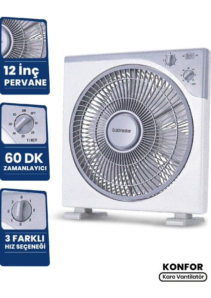 Konfor 12 inç Kare Vantilatör 50W 3 Hız Seçeneği ile Enerji Tasarruflu