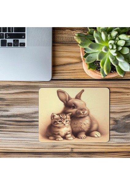 Yanyana Oturan Tavşan ve Kedi Mousepad - 19X23 cm 2 mm Dikdörtgen Ithal Baskılı Mouse Pad modelleri