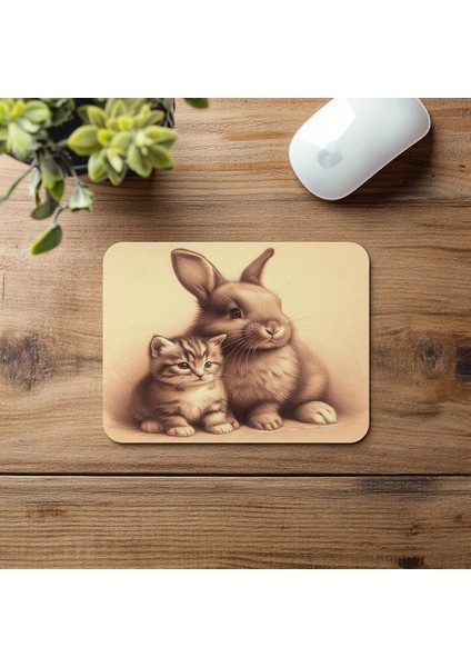 Yanyana Oturan Tavşan ve Kedi Mousepad - 19X23 cm 2 mm Dikdörtgen Ithal Baskılı Mouse Pad fırsatları