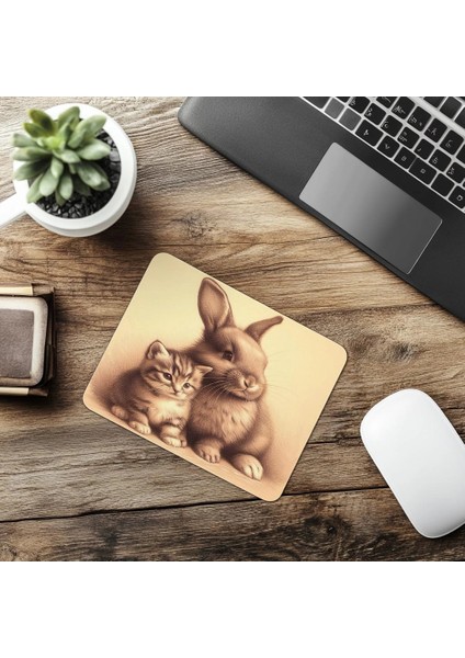 Yanyana Oturan Tavşan ve Kedi Mousepad - 19X23 cm 2 mm Dikdörtgen Ithal Baskılı Mouse Pad