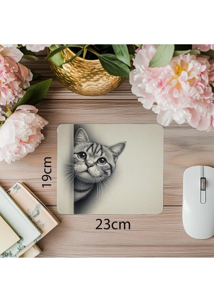 Karakalem Tarzı Kedili Mouse Pad Tasarımı - 19X23 cm 2 mm Dikdörtgen Ithal Baskılı Mouse Pad