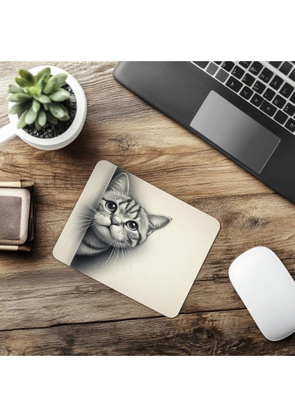 Karakalem Tarzı Kedili Mouse Pad Tasarımı - 19X23 cm 2 mm Dikdörtgen Ithal Baskılı Mouse Pad