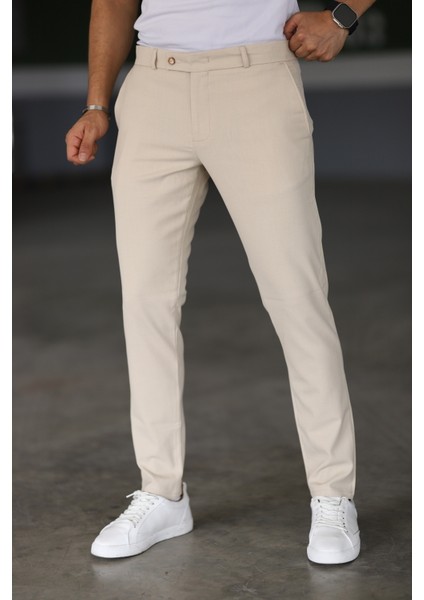 Erkek Krem Renk Italyan Kesim Slimfit Kumaş Pantolon