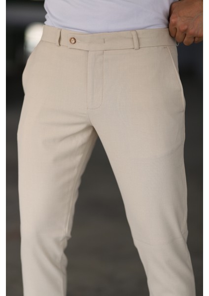 Erkek Krem Renk Italyan Kesim Slimfit Kumaş Pantolon