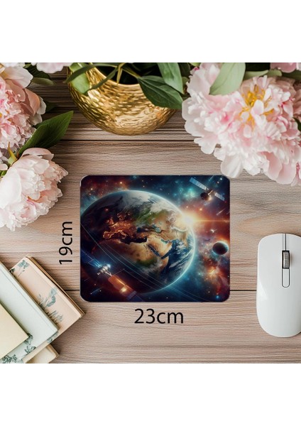 Uydularla Çevrili Gerçekçi Gezegen Mousepad - 19X23 cm 2 mm Dikdörtgen Ithal Baskılı Mouse Pad