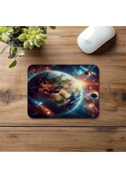 Uydularla Çevrili Gerçekçi Gezegen Mousepad - 19X23 cm 2 mm Dikdörtgen Ithal Baskılı Mouse Pad fırsatları