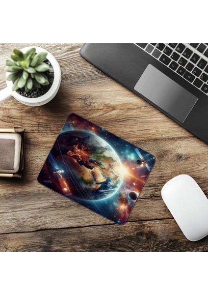 Uydularla Çevrili Gerçekçi Gezegen Mousepad - 19X23 cm 2 mm Dikdörtgen Ithal Baskılı Mouse Pad