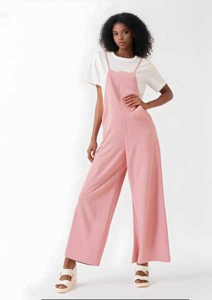 Kadın Pudra Ayarlanabilir Askılı Cepli Bol Paça Bahçıvan Tulum HZL22S-BD170191