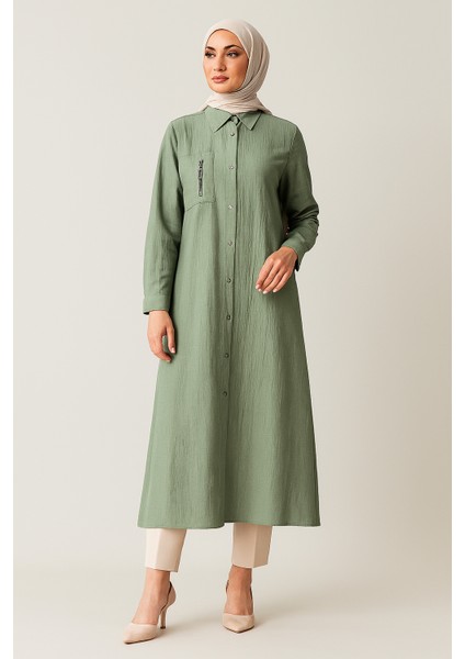 2089 Önü Boydan Düğmeli Kol Ucu Manşetli Gömlek Yaka Ön Kısmı Cep Görünümlü Fermuar Detaylı Günlük Spor Tunik #07-25#