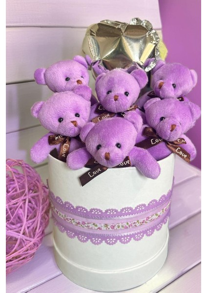 Premium Silindir Hediye Kutusunda, Kalpli Balonlu 6’lı Mor Ayıcık Buketi