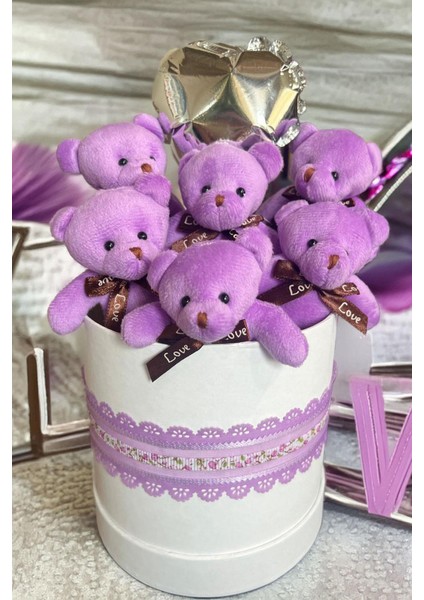 Premium Silindir Hediye Kutusunda, Kalpli Balonlu 6’lı Mor Ayıcık Buketi fiyatları