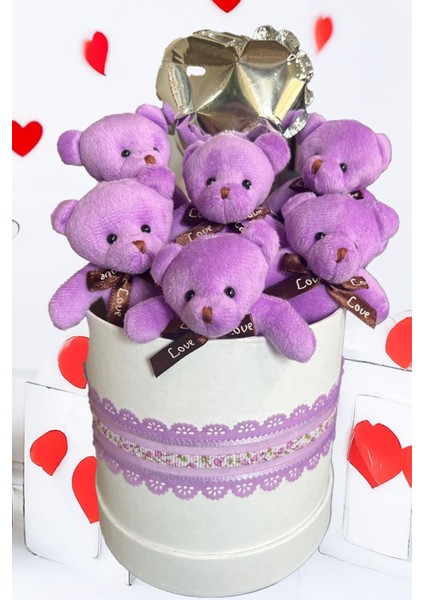 Premium Silindir Hediye Kutusunda, Kalpli Balonlu 6’lı Mor Ayıcık Buketi modelleri