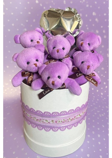 Premium Silindir Hediye Kutusunda, Kalpli Balonlu 6’lı Mor Ayıcık Buketi indirimleri