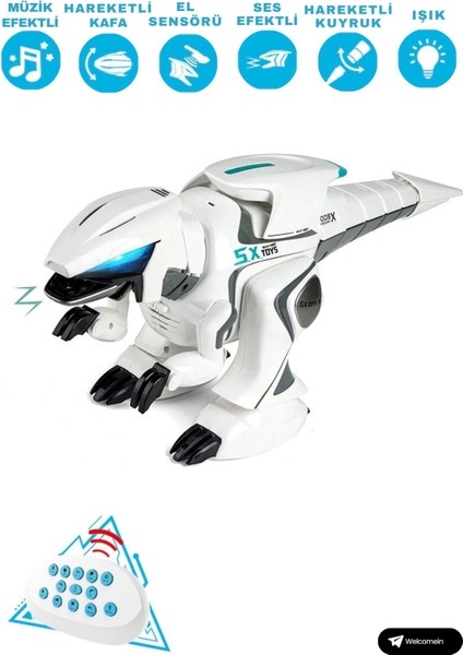 Oyuncak Uzaktan Kumandalı 13 Fonksiyonlu El Sensörlü Şarjlı Etkileşimli Işıklı Müzikli Robot Dinozor