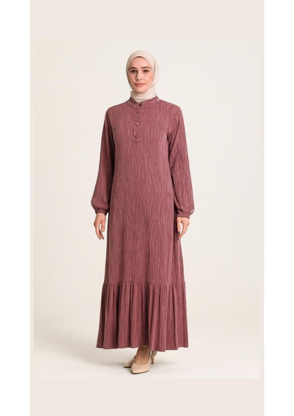 5015 Kupra Elbise Önü Yarım Düğmeli Kol Ucu Lastikli Alt Kısım Fırfır Detaylı Kupra Elbise #04-25#