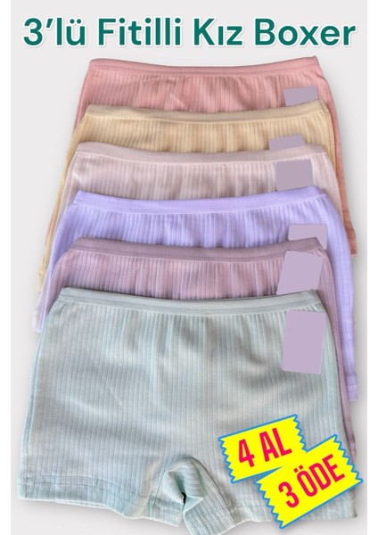 3'lü Kız Çocuk Renkli Likralı Pamuklu Fitilli Boxer Külot