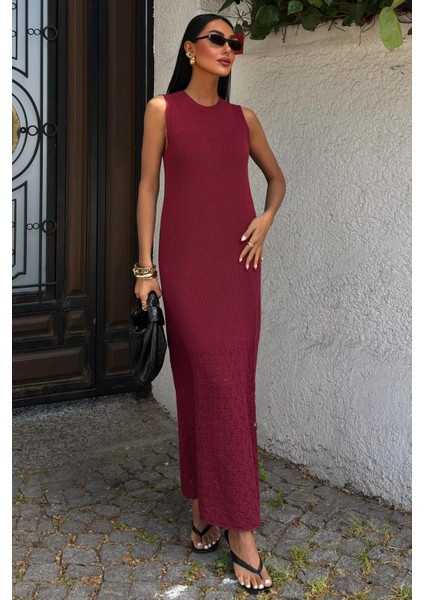Kadın Bordo Kolsuz Örme Maxi Elbise