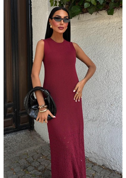 Kadın Bordo Kolsuz Örme Maxi Elbise fiyatları